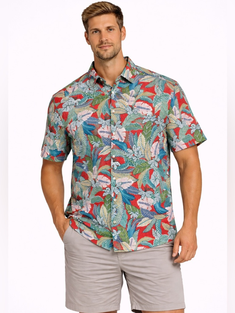 Tori Richard Tropical Graphic Leaf Print Cotton Lawn Camp Shirt Red Mens Size XL